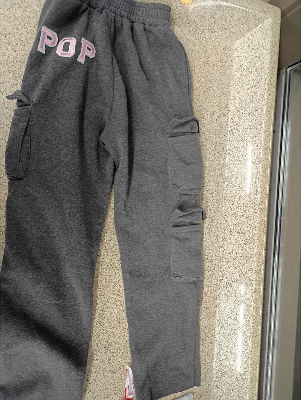 Gray POP Cargo Sweatpants with Pink Lettering